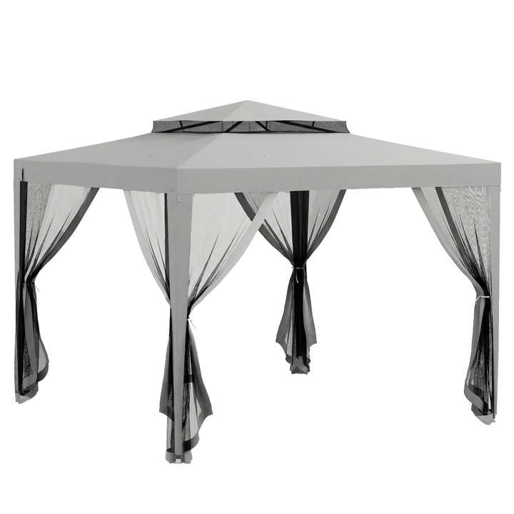 Pavilion gradina 3x3m, acoperis dublu, plasa anti-tantari, cadru metalic gri