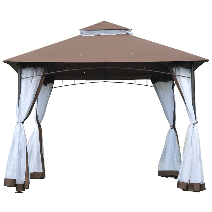 Pavilion gradina 3x3m cu plasa anti-tantari, acoperis dublu maro, cadru metalic