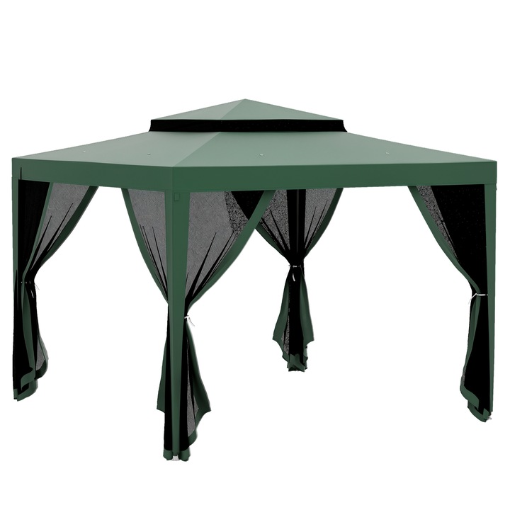 Pavilion gradina 3x3m, dublu acoperis, plasa anti-tantari, cadru metalic verde