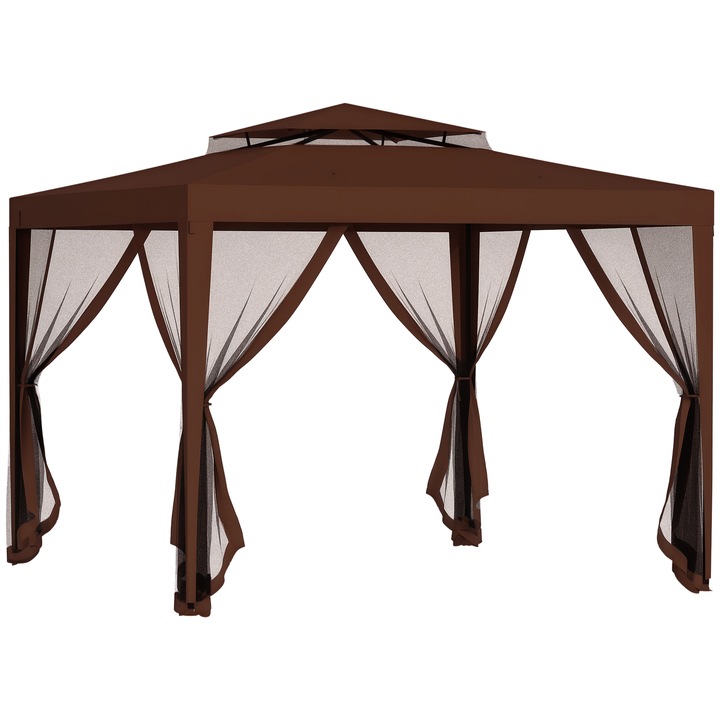 Pavilion gradina 3x3m, acoperis dublu, plasa anti-tantari, maro, metal