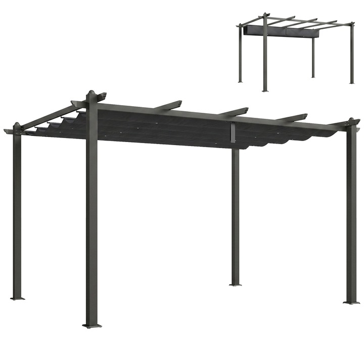 Pergola retractabila 4x3m, aluminiu, gri inchis, cu scurgeri apa