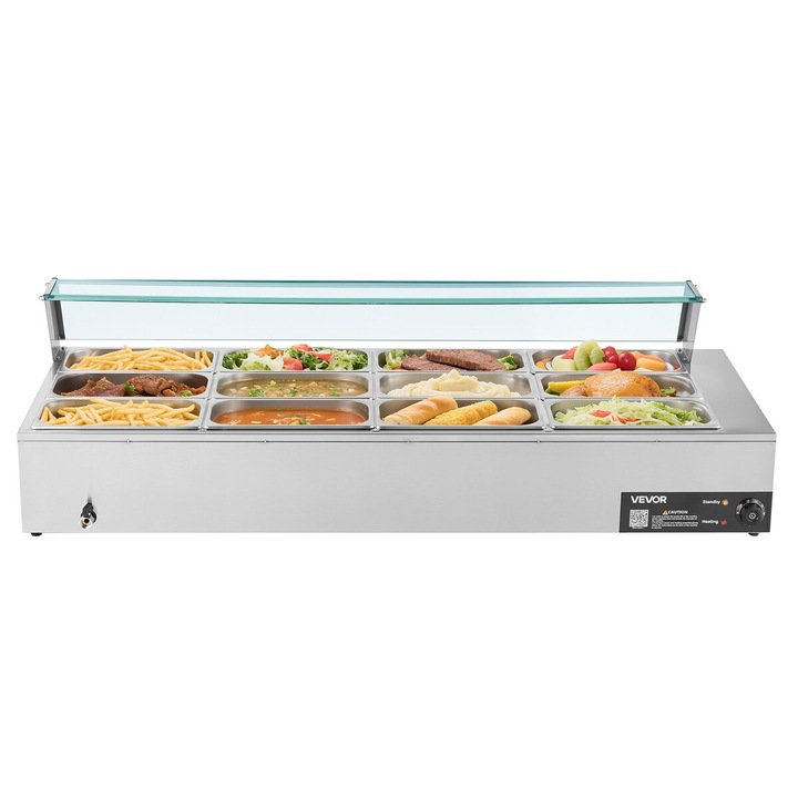 VEVOR 1700W elektromos ételmelegítő, rozsdamentes acél, üvegfedél, 143x57x38cm, 12 tálcás készlet
