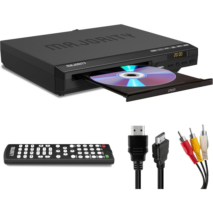 DVD плейър за телевизор, съвместим с всички региони, HDMI с Upscaling Full HD 1080p, възпроизвеждане от USB и CD/DVD/MP3/JPEG, функция против удар, дистанционно управление и HDMI кабел включени, черен