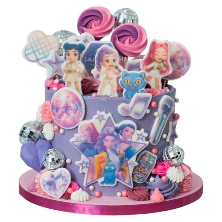 Set Figurine Pentru Tort Din Zahar Huntrix Vanatorii De Demoni K-Pop, Realizate Manual Din Materiale De Inalta Calitate, Include 17 Elemente Decorative Precum Logo Huntrix Si Note Muzicale, Design Multicolor
