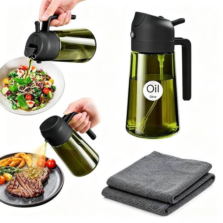 Sticla pulverizator de ulei de masline din sticla borosilicatata, 470ml, dozator 2 in 1, special pentru bucatarie, friteuza fara ulei, gratar si salate