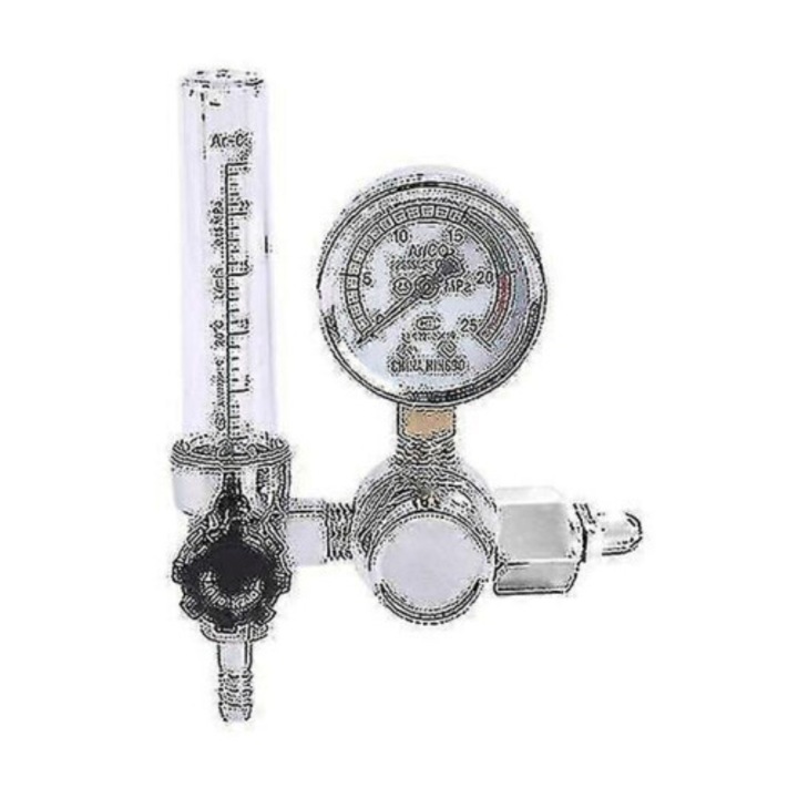 Reductor presiune argon / regulator debit 0-25MPa pentru TIG/MIG, metal, cu manometru 0-25MPa si flowmeter compensat, debit 0-200 m/h, argintiu, 1 buc