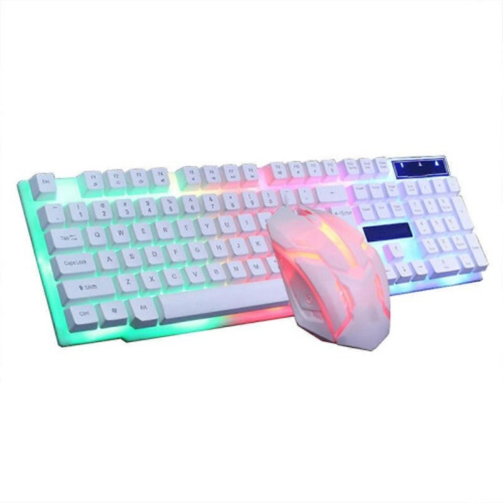 Set tastatura si mouse, iluminare colorata, plastic, alb, 52.6x15x4cm