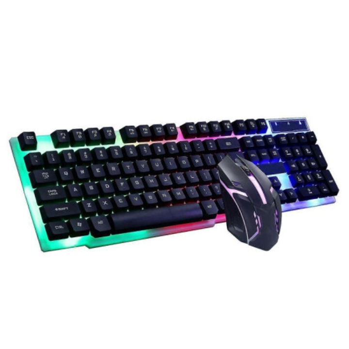Set tastatura si mouse, iluminare colorata, plastic, negru, 52.6x15x4cm