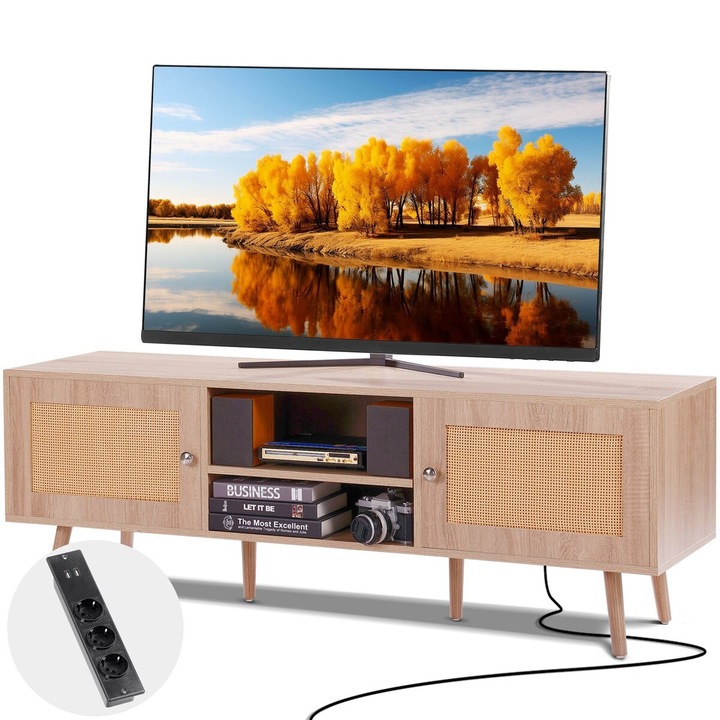 Comoda TV VEVOR 65 inch, ratan, stejar, 140x40x50cm, prize integrate, 3 niveluri