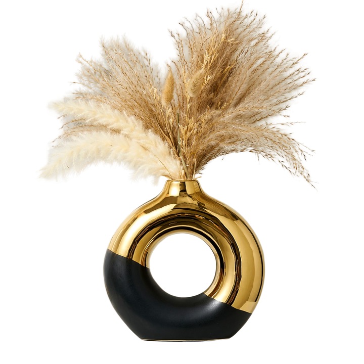 Kerámia váza, fjsperm, 25,5 cm, fehér és arany, skandináv stílusú, modern, elegáns, kézzel készített, 1700°C-on égetett, kerek, tökéletes pampafűhöz, szárított virágokhoz, friss virágokhoz, lakberendezéshez, egyedi bimbó forma, tartósság, ajándék