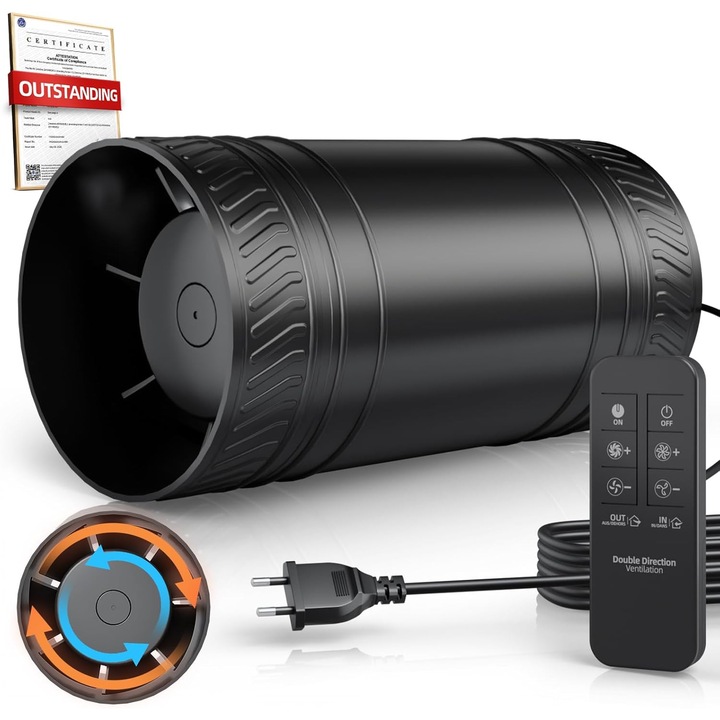 SBONNI 100 mm csőventilátor, kétirányú, 6 sebességfokozat, 433 MHz távirányító, IP X4, csendes inline ventilátor elszíváshoz és befúváshoz, kefe nélküli DC rézmotor, 5W fogyasztás, 220 m³/h, egyszerű telepítés