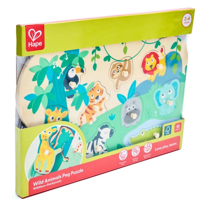 Дървен пъзел за игра, Hape, Диви животни, 10 части