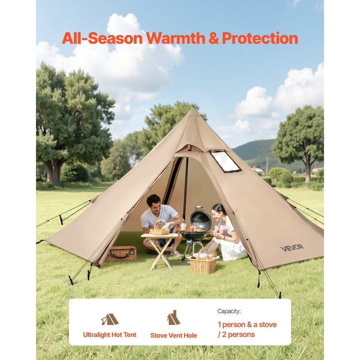 Cort tip tipi VEVOR pentru 2 persoane, impermeabil, portabil, maro, 320x320x160 cm
