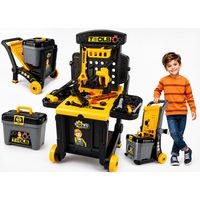 Set Interactiv 3in1 FlexiTool™ Banc de Lucru Multifunctional, Carucior Mobil si Trusa de Unelte Portabila, 45+ Accesorii, Fierastrau Circular, Cheie Reglabila, Cleste, Ciocan, Surubelnite, Dezvolta Abilitati STEM, Black/Yellow