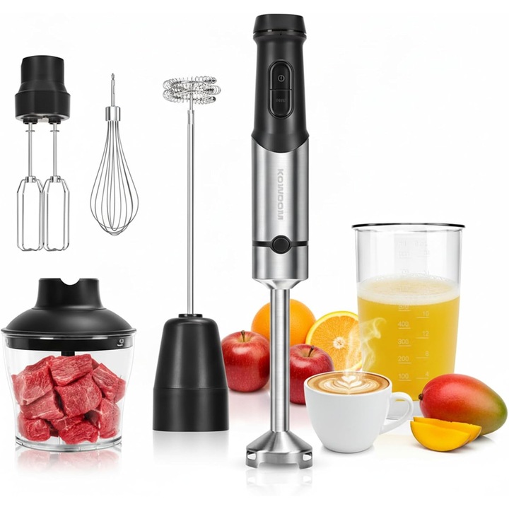 Kowdom 6 az 1-ben kézi turmixgép, 1200W, 304-es rozsdamentes acél, 12 sebesség, 600ml aprító, 800ml pohár