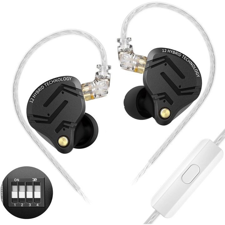 KZ ZS12 PRO X Vezetékes Fejhallgató, Fülmonitor, Játékhoz, 5BA+1DD Hibrid Meghajtó 4 Szintű Állító Kapcsolóval, Teljesen Fém, Levehető Kábel, HD Mikrofon, Fekete