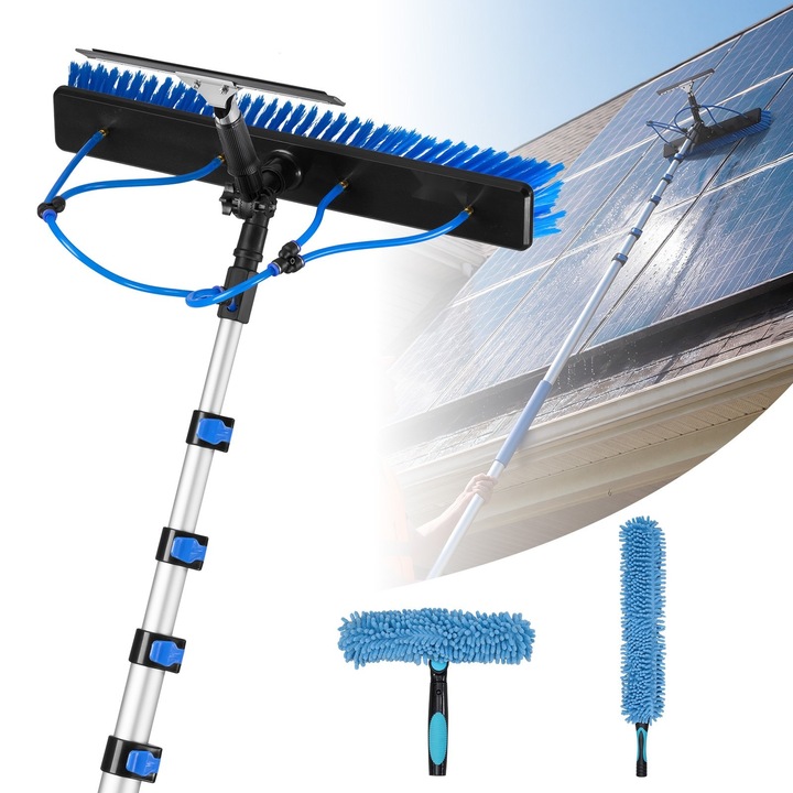 Kit curatare panouri solare, Lance telescopica cu apa 10, 02 m, Perie, Racleta, Dozator Sapun, Cap perie rotativ 180°, Tija din aluminiu, Pentru panouri fotovoltaice pe acoperis