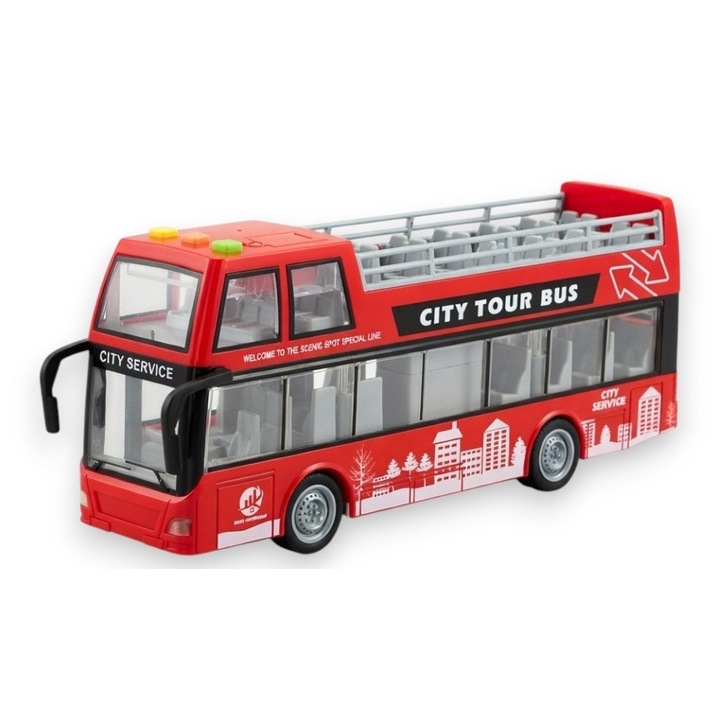 Emeletes Turista Busz Hangokkal és Fényekkel, Interaktív Játék 1:16 Méretarányú Piros, Nyitható Ajtókkal Rendelkező Jármű, Nyitott Felső Emelet, Valósághű Hangok és Ragyogó Fények Gyermekeknek
