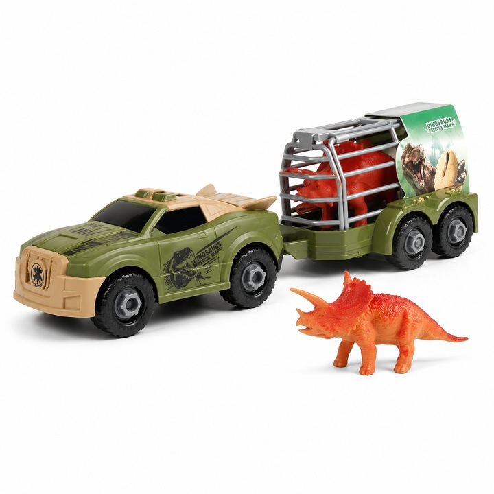 Masina Safari Cu Dinozaur Pentru Copii Cu Remorca Si Figurina Dinozaur, Camion Transport Cu Design Realist, Jucarie Interactiva Pentru Aventuri Si Joc De Rol Cu Animale Preistorice Copii 3+ Ani, Verde