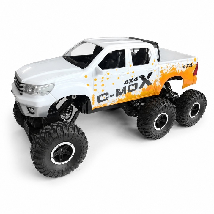Masina RC Off-Road pentru Copii si Adulti, Pickup 6x6 cu Telecomanda 2.4GHz, Masinuta cu Acumulator Reincarcabil si USB, Vehicul Telecomandat pentru Teren Accidentat cu Roti Mari si Suspensii, Model Desert Safari, Alb