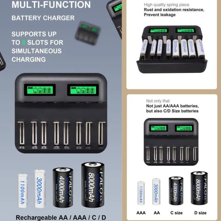 Incarcator baterii 8 sloturi AA AAA C D USB LCD multifunctional