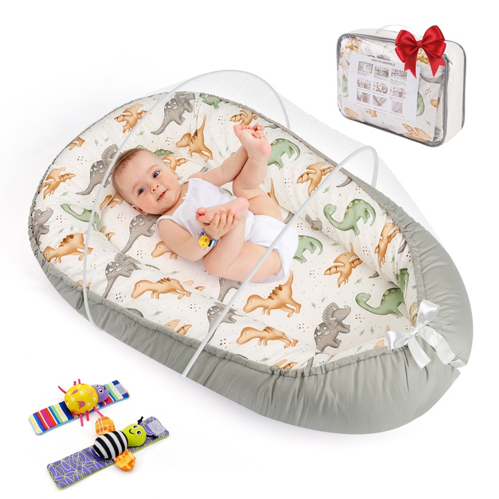 Baowor® Бебешко гнездо за спане Baby Nest 90x50 cm 0-24 месеца, Динозавърски стил, Включена възглавница, Свалящ се калъф, Мрежа против комари, Памук, Преносимо, Осигурява комфорт, Безопасност, Подходящо за съвместно спане, Включена възглавница зелено