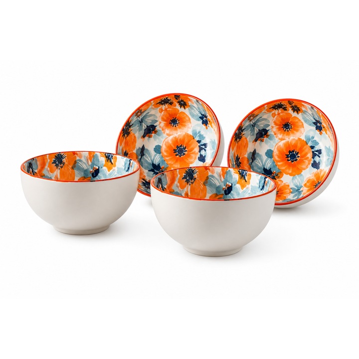 Set 4 Boluri Ceramice Bej Mat Interior Floral Portocaliu Albastru 12 Cm Pentru Cereale Desert Gustari Brunch Masa Familie Shopiens®