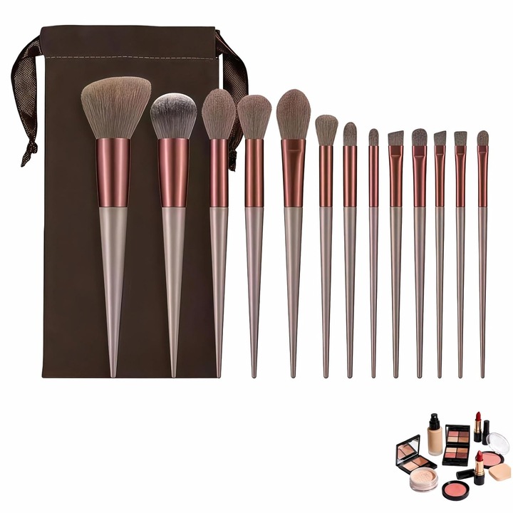 13 db sminkecset készlet, Passionate®, Tárolótáskával, professzionális/kezdő sminkhez, smink útmutató, szemöldökecset, highlighter ecset, púderecset, kétvégű ecsetek, Szürke