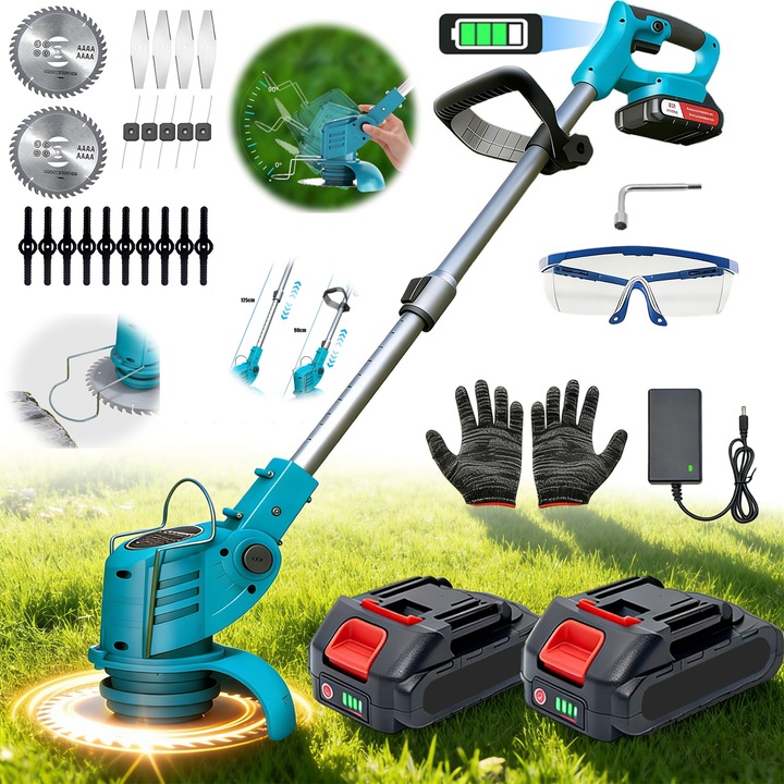 Masina de tuns gazon, Electric, fara fir, Trimmer electric.800W,9000 rpm.Reglabil pe inaltime, Rotatie de 90°, eficienta, anti-coliziune.2 baterii, 60min.4 lame.Potrivite pentru diverse conditii de gazon si gradini, oferind o taiere precisa.Albastru
