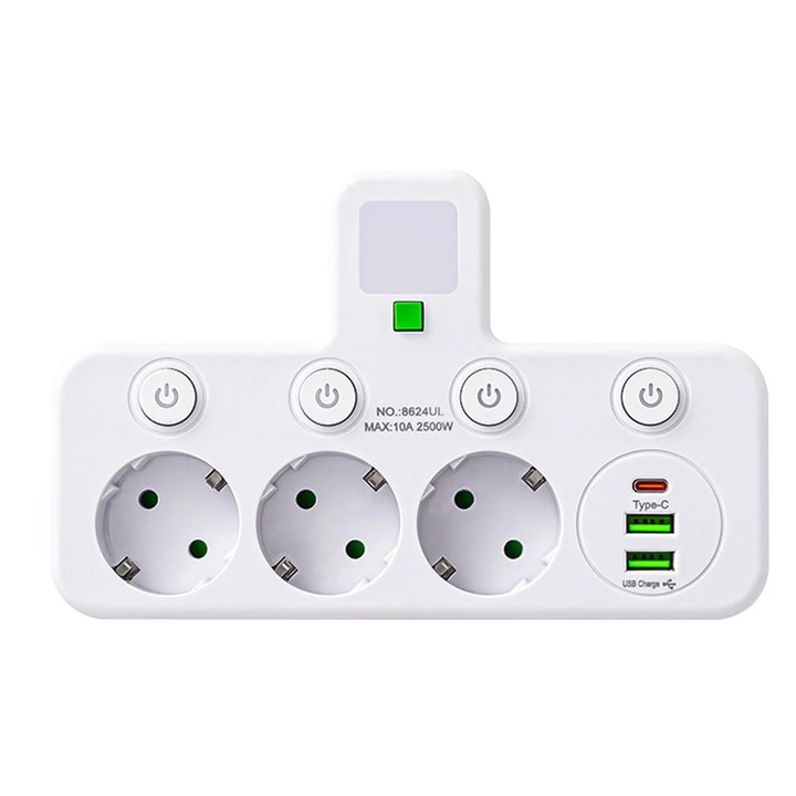 Priza Multipla 7 in 1, Simply Joy, 2500W, 3 Prize AC, 2 porturi USB-A, 1 port USB-C, 4 Intrerupatoare Individuale, Lumina de Veghe, Triplu Stecher Multifunctional, Protectie Suprasarcina si Copii, Design Fara Cablu, Pentru Birou, Casa, Alb