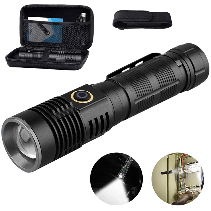 Тактически фенер Juksun, обхват 1000 м, алуминиев, 3000mAh, 20W, професионален, Zoom, включена акумулаторна батерия, IPX5 водоустойчив, USB зареждане, магнитен, Power Bank, черен