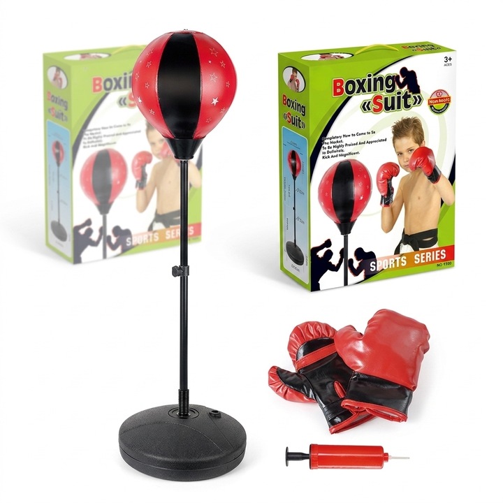 Set Box pentru Copii BoxStar Kid Indiggo® Include Manusi, Para de Box, Pompa si Suport Reglabil 88.5-124 cm, Sac de Box pentru Karate, MMA, Kickboxing, Muay Thai, 3 - 8 Ani, Red Star