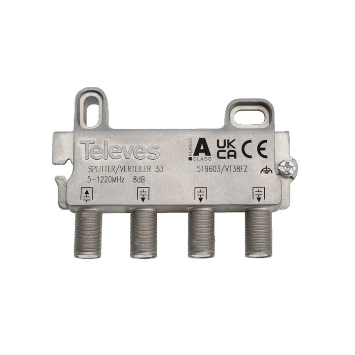 Splitter digital profesional CATV cu 3 iesiri pentru TV cablu, 519603, 5-1220 Mhz, borne pe aceiasi parte, compatibil DOCSIS 3.1, Televes