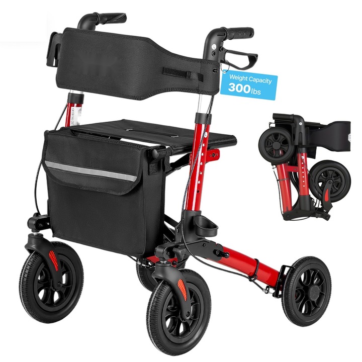 Rolator cu scaun pentru seniori, Cadru de mers cu roti, Pliabil in 3 (ultracompact), Aluminiu usor, Roti din PU pline, Manere reglabile, Suport cana si baston, Suporta 136 kg