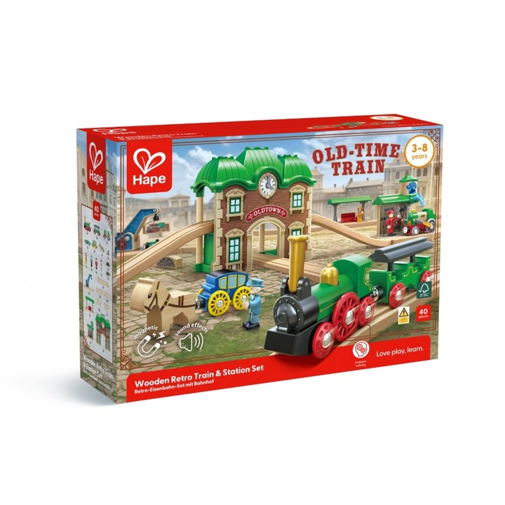 Set tren si gara retro din lemn, Hape, 40 de piese