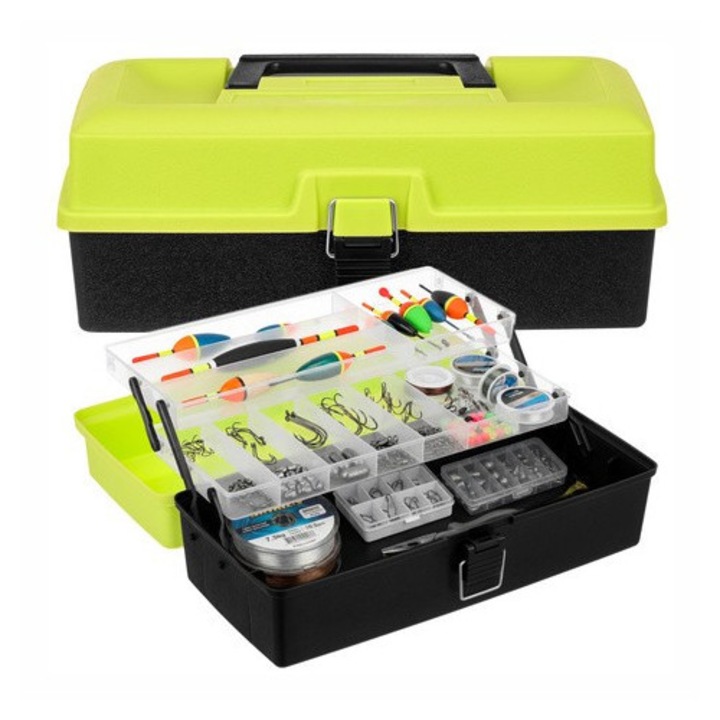 Trusa organizare pescuit cu 11 compartimente, Zola, 2 rafturi pliabile, sistem inchidere, maner transport, 33 x 16 x 13 cm, verde/negru