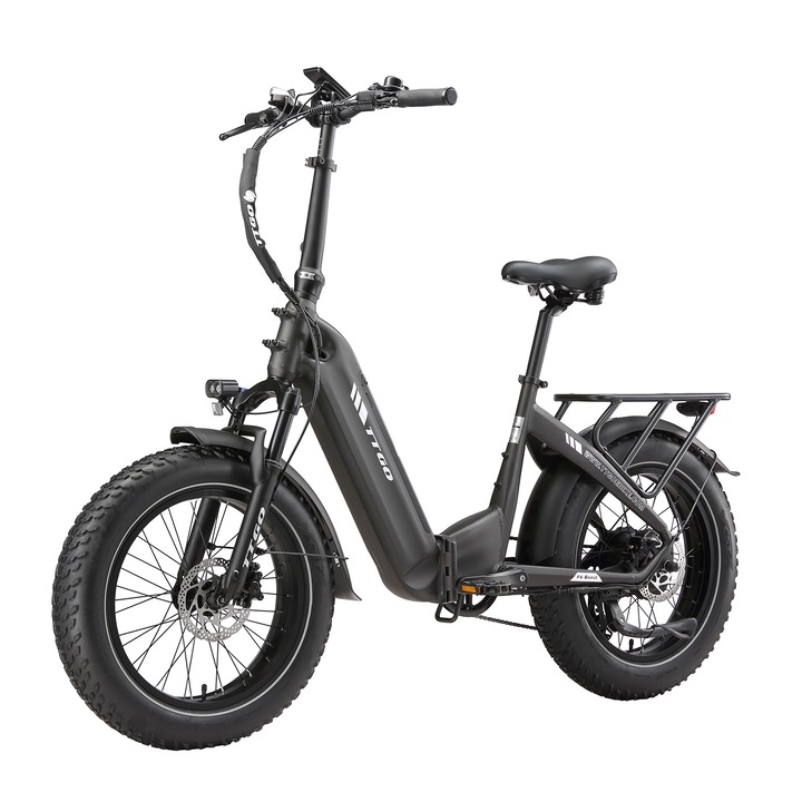 Bicicleta Electrica Pliabila Fat Bike TTGO F6 Boost 20", Motor 250W, Baterie 48V 18Ah 864Wh, Autonomie 140 km, Shimano 7 Viteze, Frane Hidraulice, Suspensie Fata, LCD, 25 km/h, Negru