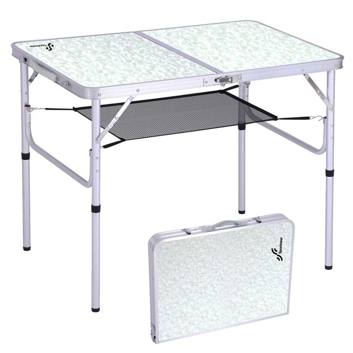 Masa camping pliabila SPORTNEER, reglabila pe inaltime, portabila, cu suport plasa, 60 x 40 cm, culoare alb / gri