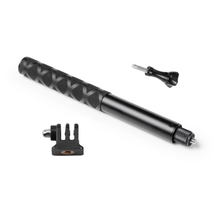 Sistem de Prindere, Selfie Stick Invisible, 22 - 120 cm, Prindere Surub 1/4, Compatibil cu Camere GoPro, insta360 One X Go, SJcam, DJI Action, Universal, Telefone, impreuna cu Adaptor 360 grade si surub de fixare, Negru