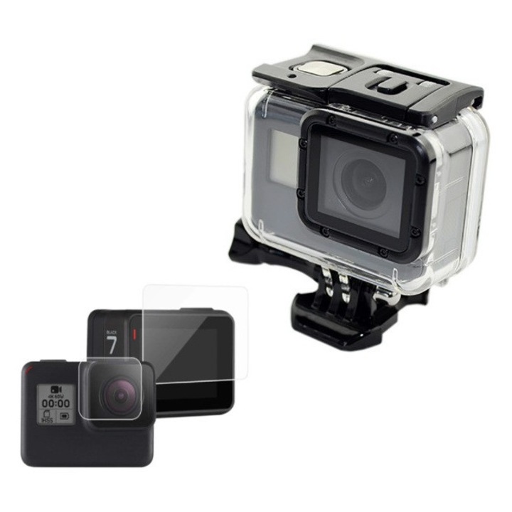 Sistemul de Prindere si Carcasa Waterproof pentru GoPro Hero 5, 6, 7, set cu folie de protectie pentru ecran si lentila, transparenta, rezistenta la socuri