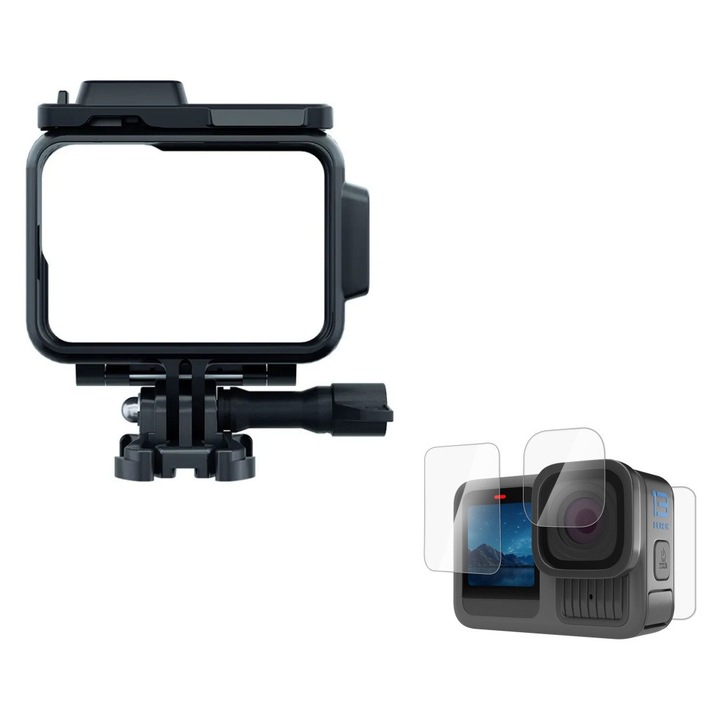 Sistemul de Prindere si Carcasa de protectie pentru GoPro Hero 13, set cu folie de protectie pentru ecran si lentila, transparenta, rezistenta la socuri impreuna cu prindere QR si surub