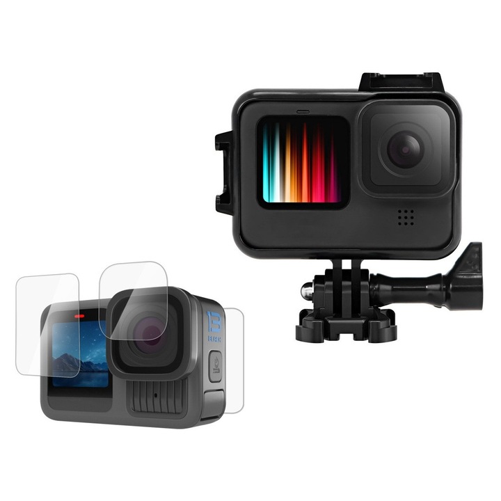 Sistemul de Prindere si Carcasa de protectie pentru GoPro Hero 13, set cu folie de protectie pentru ecran si lentila, transparenta, rezistenta la socuri impreuna cu prindere QR