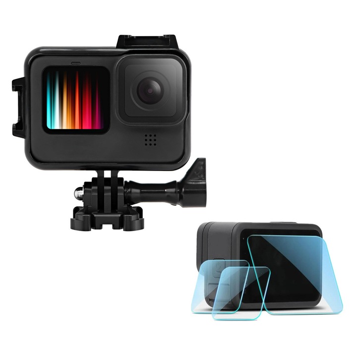 Sistemul de Prindere si Carcasa de protectie pentru GoPro Hero 9, 10, 11, 12, set cu folie de protectie pentru ecran si lentila, transparenta, rezistenta la socuri impreuna cu prindere QR