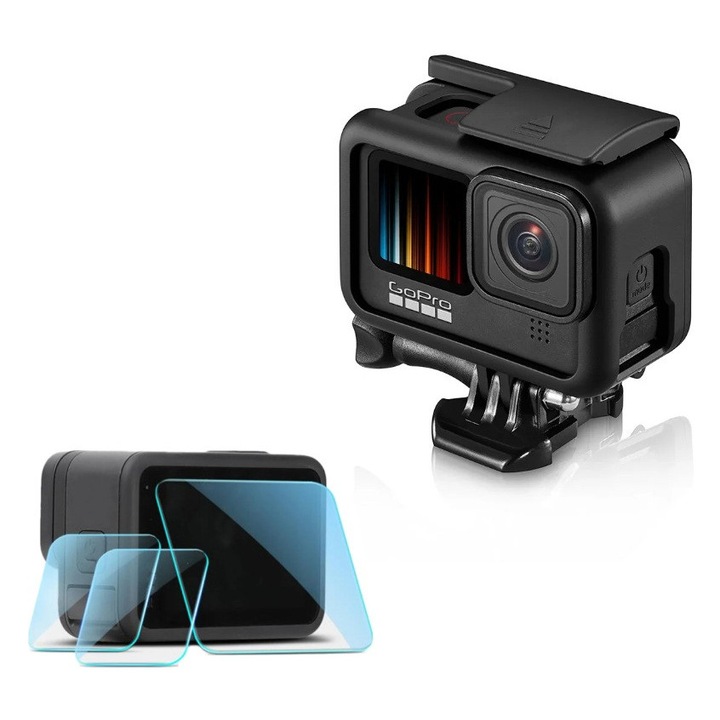 Sistemul de Prindere si Carcasa de protectie pentru GoPro Hero 9, 10, 11, 12, set cu folie de protectie pentru ecran si lentila, transparenta, rezistenta la socuri impreuna cu prindere QR si surub