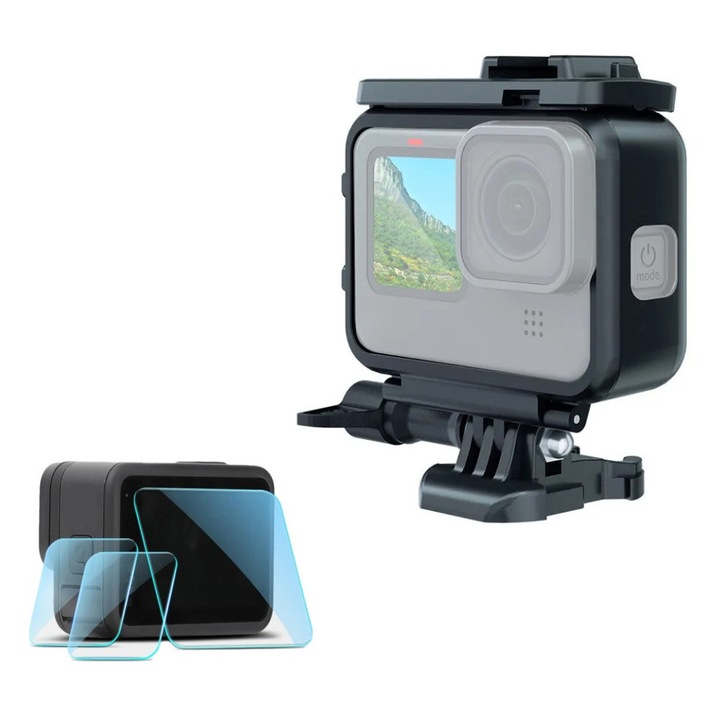 Sistemul de Prindere si Carcasa de protectie pentru GoPro Hero 9, 10, 11, 12, set cu folie de protectie pentru ecran si lentila, transparenta, rezistenta la socuri impreuna cu prindere