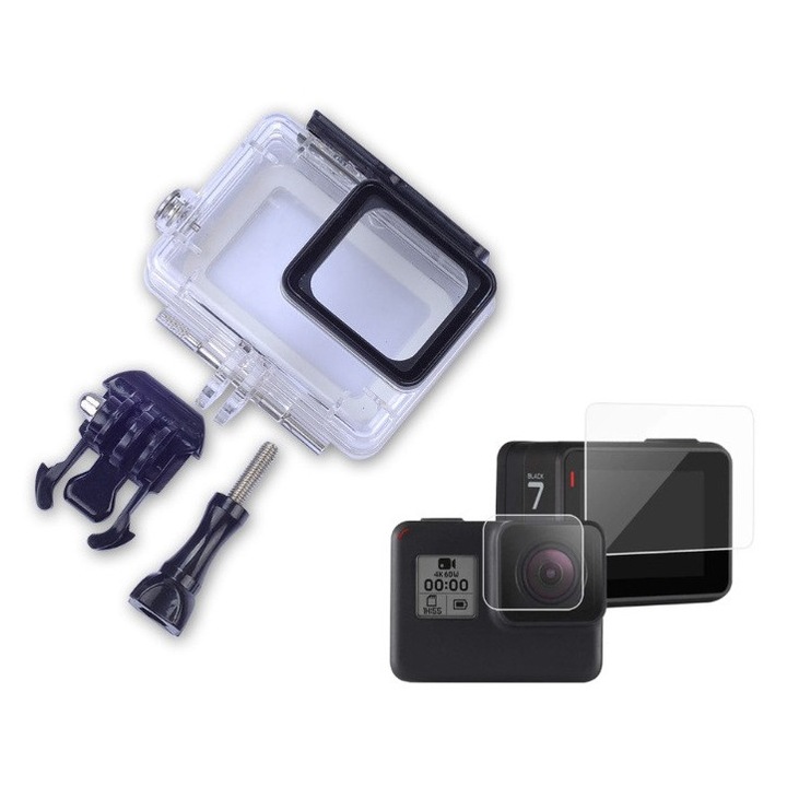 Sistemul de Prindere si Carcasa Waterproof pentru GoPro Hero 5, 6, 7, set cu folie de protectie pentru ecran si lentila, transparenta, rezistenta la socuri, impreuna cu prindere QR si surub