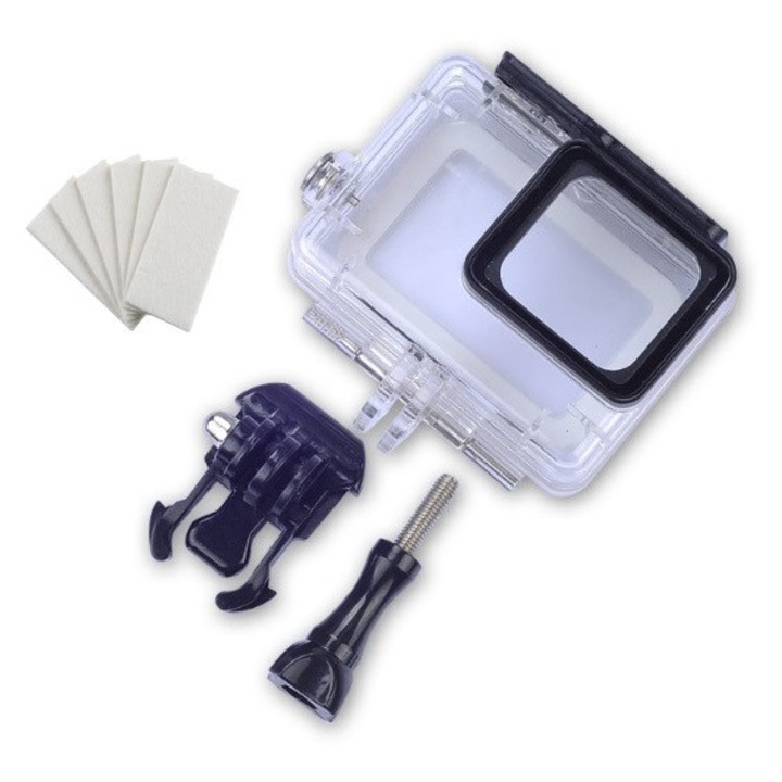 Sistemul de Prindere si Carcasa Waterproof pentru GoPro Hero 5, 6, 7, rezistenta la soc, set cu 6 benzi anti-aburire, impreuna cu prindere QR