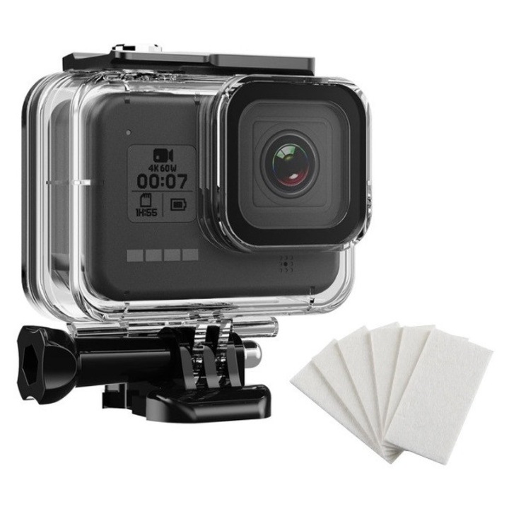 Sistemul de Prindere si Carcasa waterproof pentru GoPro Hero 8, set cu 6 benzi anti-aburire, rezistenta la soc, impreuna cu QR si surub