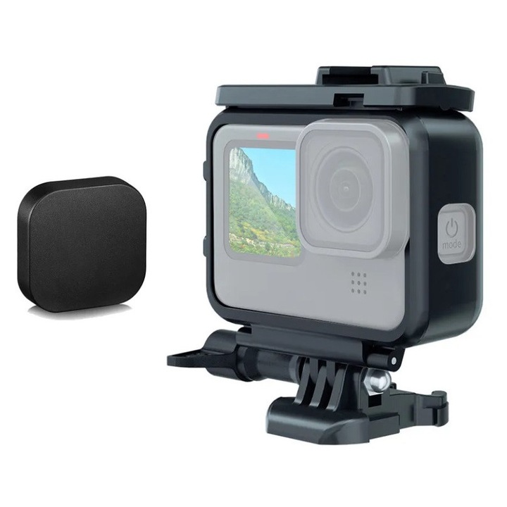 Sistemul de Prindere si Carcasa de protectie pentru GoPro Hero 9, 10, 11, 12, impreuna cu Capac de Protectie pentru Lentila, rezistenta la socuri impreuna cu prindere QR si surub