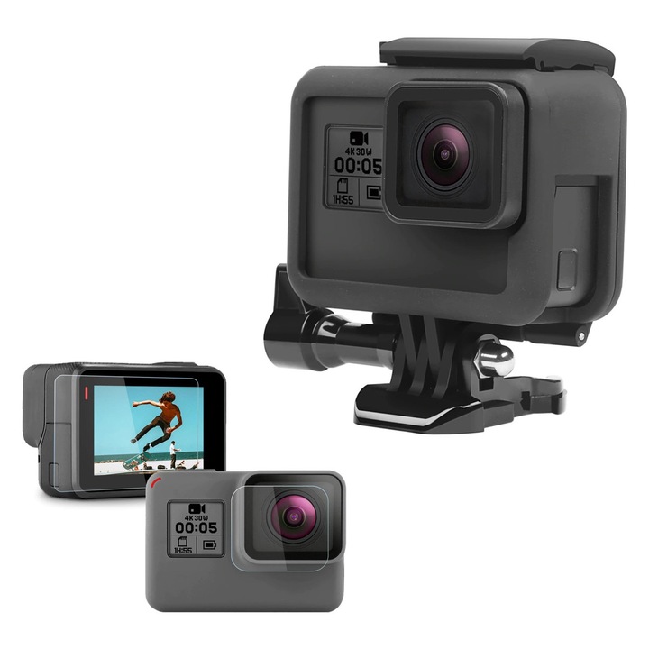 Sistemul de Prindere si Carcasa de protectie pentru GoPro Hero 5, 6, 7, set cu folie de protectie pentru ecran si lentila, transparenta, rezistenta la socuri impreuna cu prindere QR si surub